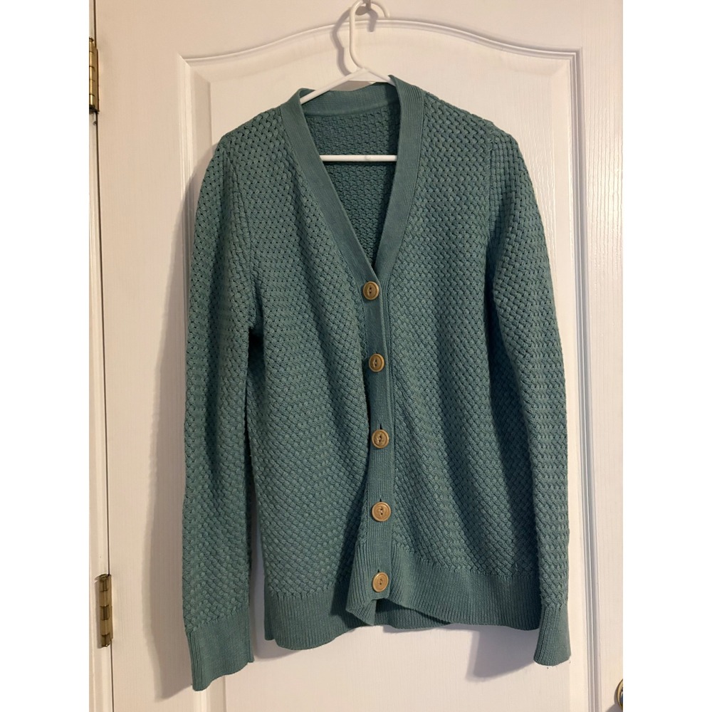 L.L. Bean Cardigan Women Medium Blue Excellent Basketweave Cotton Sweater 516405
